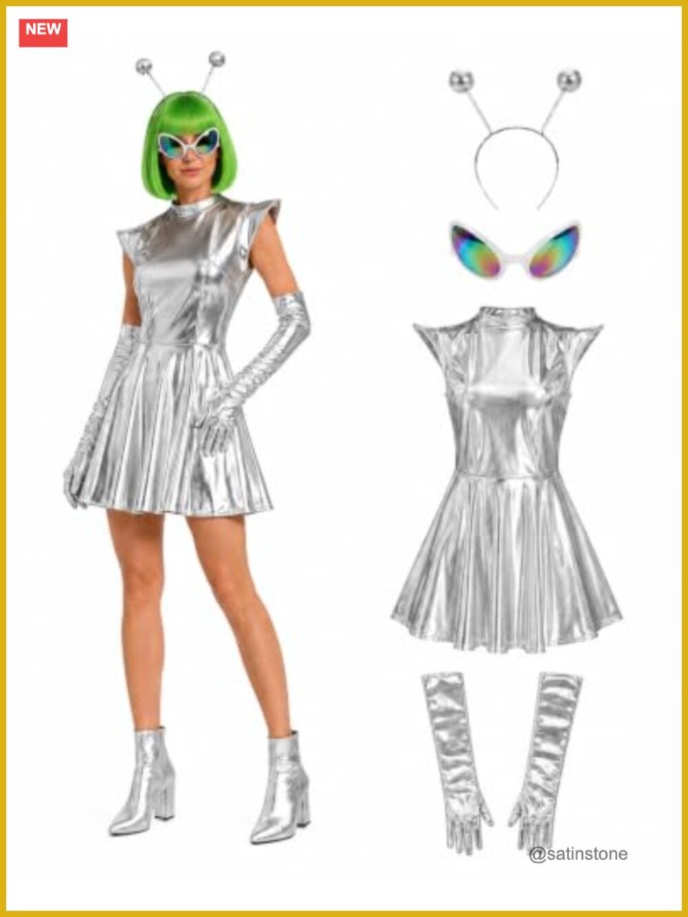 Metallic Costume Set Dress Gloves Alien Headband Glasses Cosplay